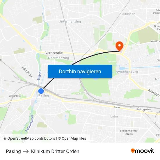Pasing to Klinikum Dritter Orden map