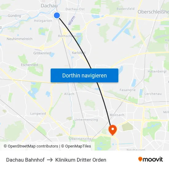 Dachau Bahnhof to Klinikum Dritter Orden map