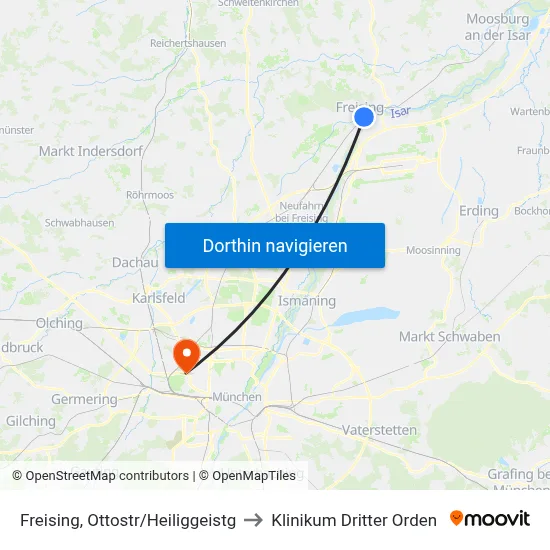 Freising, Ottostr/Heiliggeistg to Klinikum Dritter Orden map