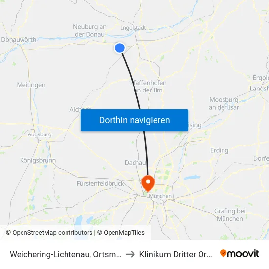 Weichering-Lichtenau, Ortsmitte to Klinikum Dritter Orden map