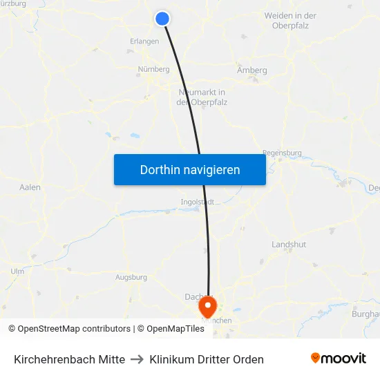 Kirchehrenbach Mitte to Klinikum Dritter Orden map