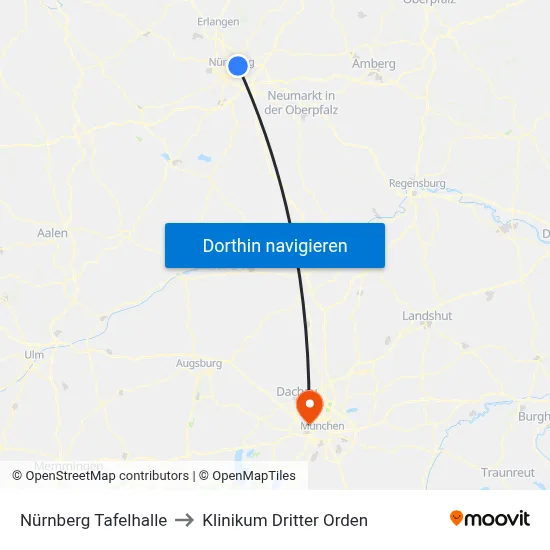 Nürnberg Tafelhalle to Klinikum Dritter Orden map