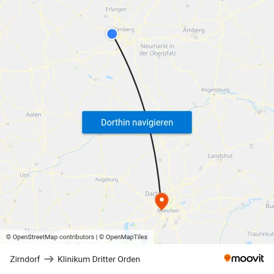 Zirndorf to Klinikum Dritter Orden map