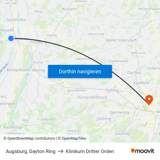 Augsburg, Dayton Ring to Klinikum Dritter Orden map