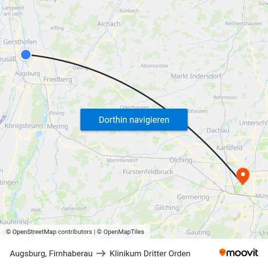 Augsburg, Firnhaberau to Klinikum Dritter Orden map
