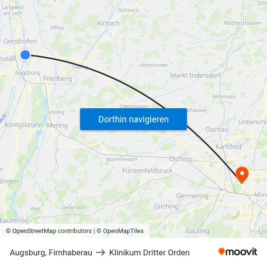 Augsburg, Firnhaberau to Klinikum Dritter Orden map