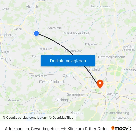 Adelzhausen, Gewerbegebiet to Klinikum Dritter Orden map