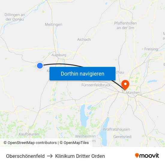 Oberschönenfeld to Klinikum Dritter Orden map