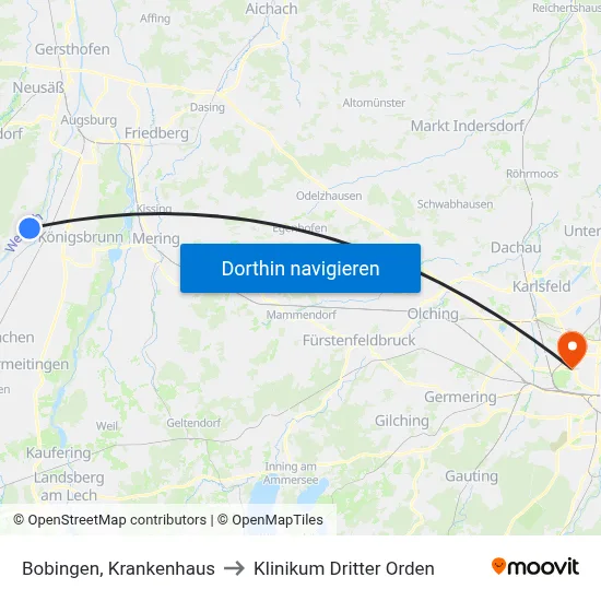 Bobingen, Krankenhaus to Klinikum Dritter Orden map