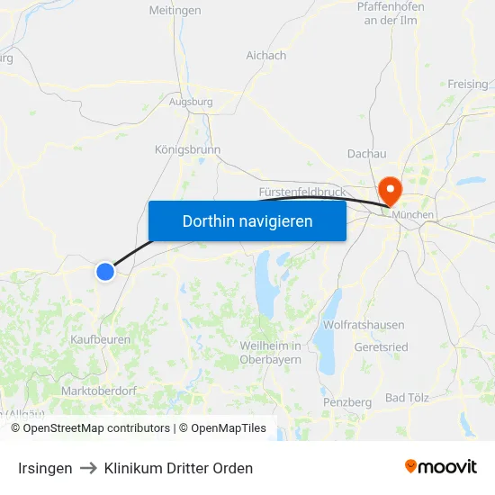 Irsingen to Klinikum Dritter Orden map