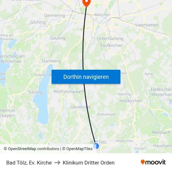 Bad Tölz, Ev. Kirche to Klinikum Dritter Orden map