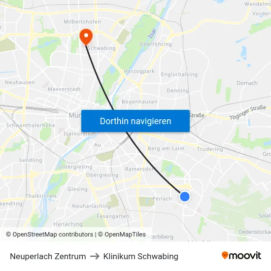 Neuperlach Zentrum to Klinikum Schwabing map