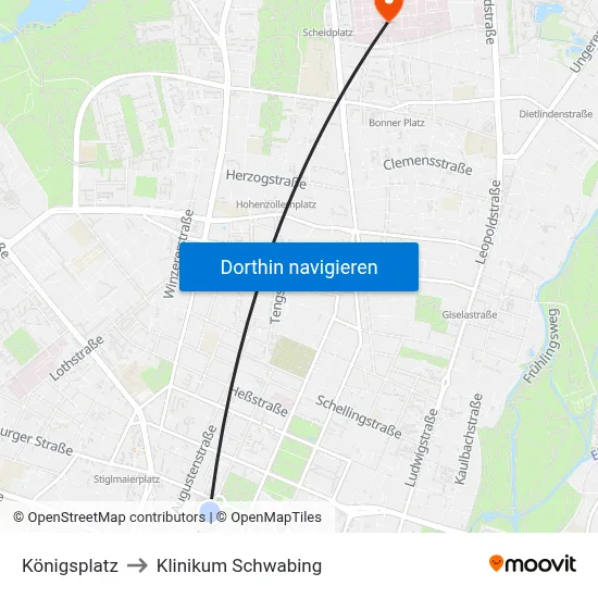 Königsplatz to Klinikum Schwabing map