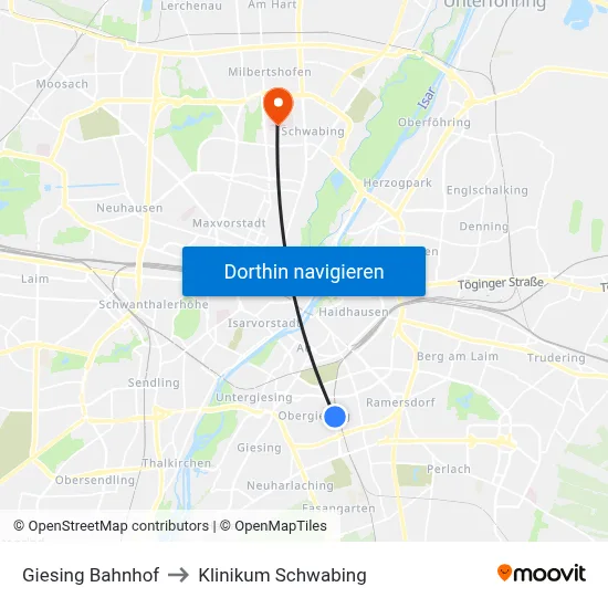 Giesing Bahnhof to Klinikum Schwabing map