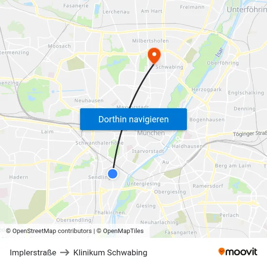 Implerstraße to Klinikum Schwabing map