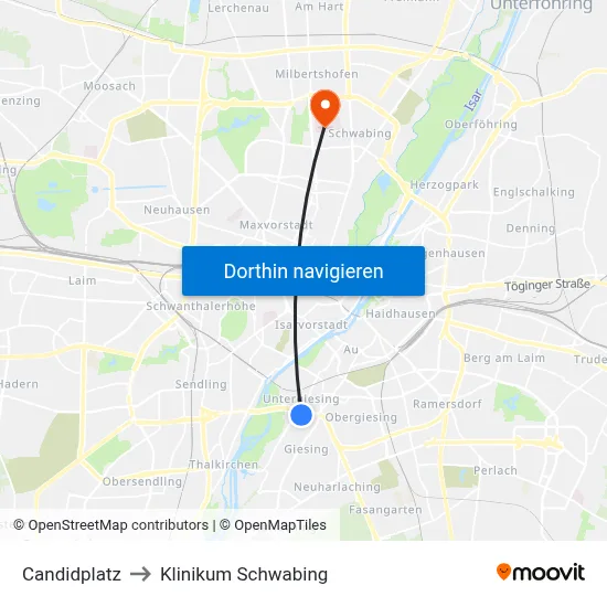 Candidplatz to Klinikum Schwabing map