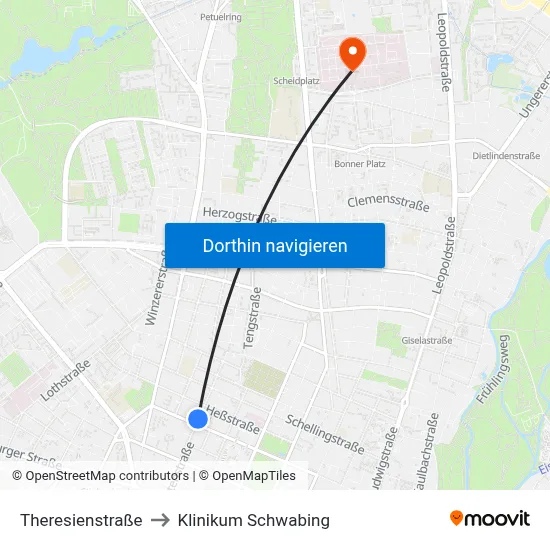 Theresienstraße to Klinikum Schwabing map