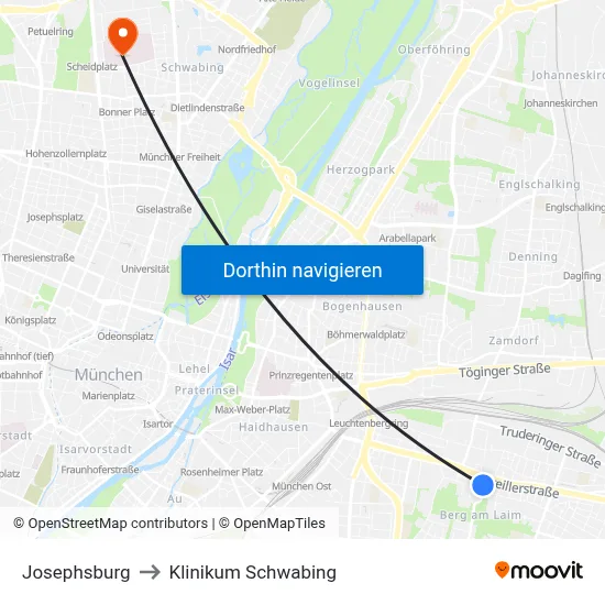 Josephsburg to Klinikum Schwabing map