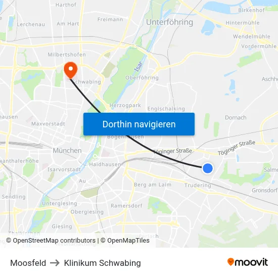 Moosfeld to Klinikum Schwabing map