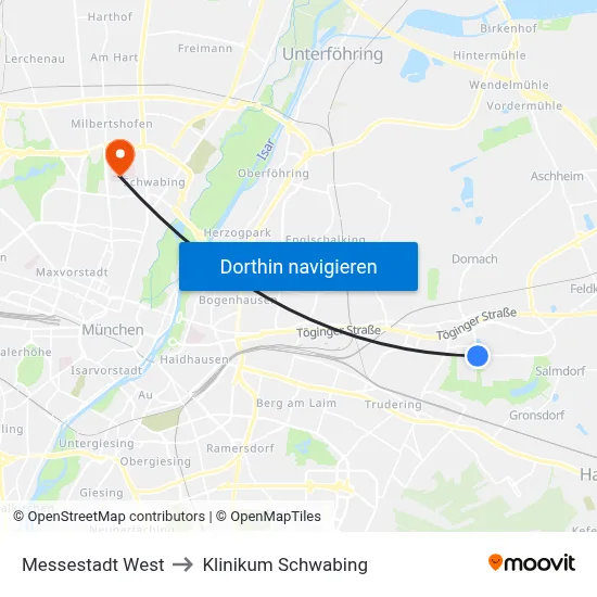 Messestadt West to Klinikum Schwabing map