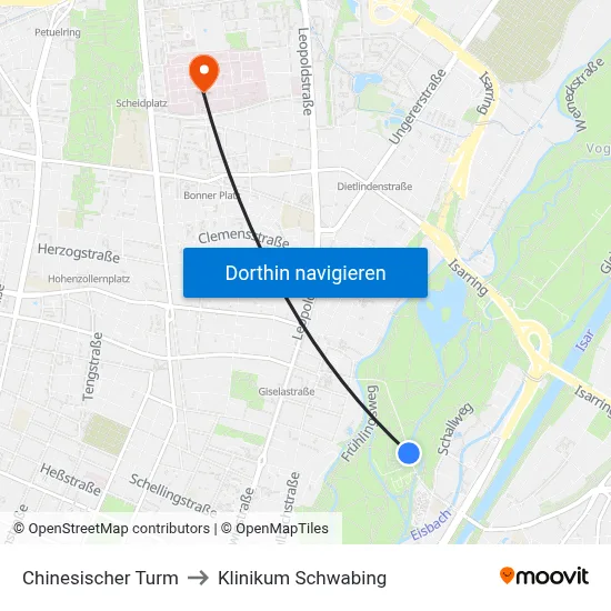 Chinesischer Turm to Klinikum Schwabing map
