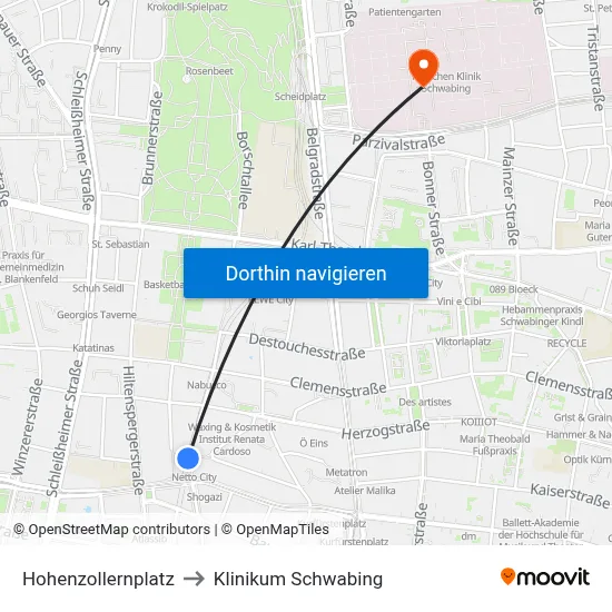 Hohenzollernplatz to Klinikum Schwabing map