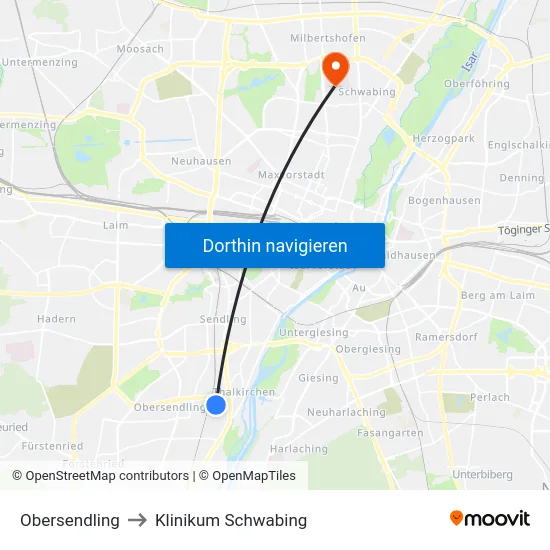 Obersendling to Klinikum Schwabing map