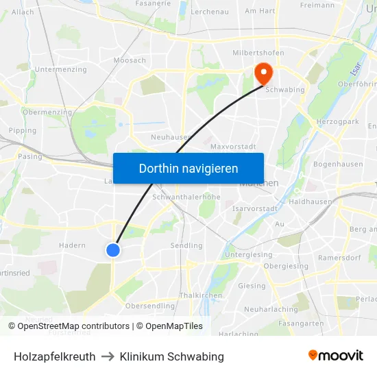 Holzapfelkreuth to Klinikum Schwabing map