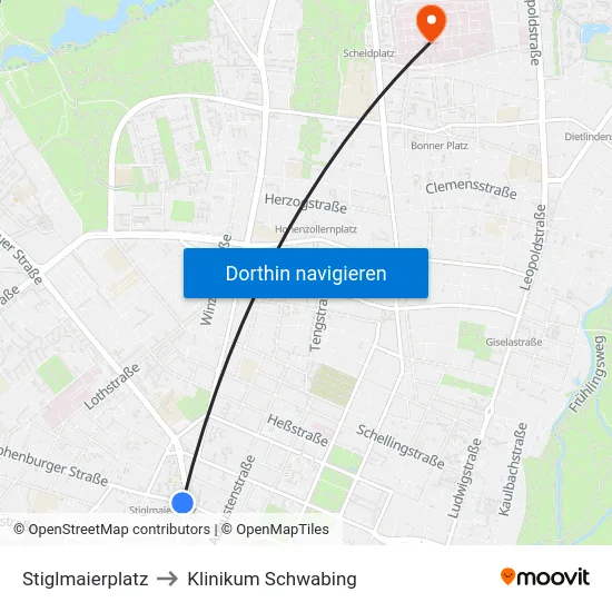 Stiglmaierplatz to Klinikum Schwabing map
