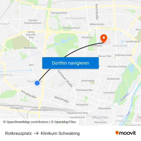 Rotkreuzplatz to Klinikum Schwabing map