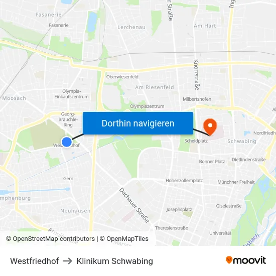 Westfriedhof to Klinikum Schwabing map