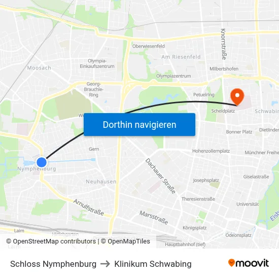Schloss Nymphenburg to Klinikum Schwabing map