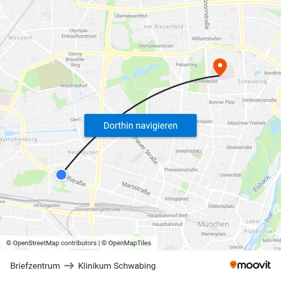 Briefzentrum to Klinikum Schwabing map