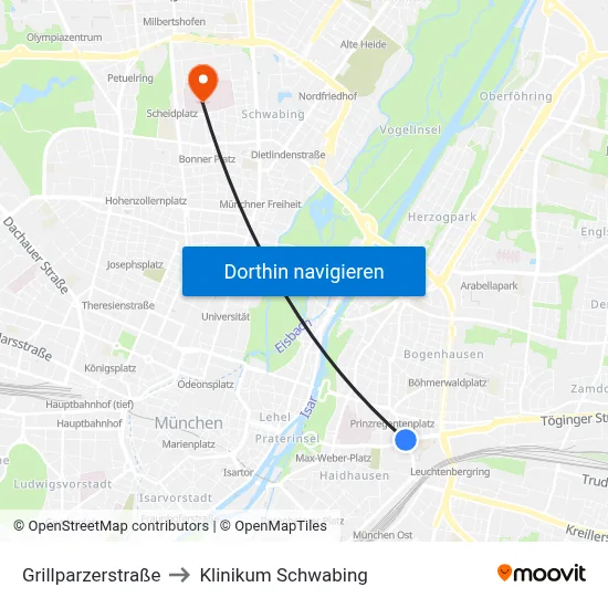 Grillparzerstraße to Klinikum Schwabing map