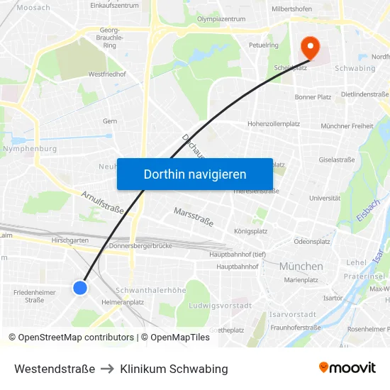 Westendstraße to Klinikum Schwabing map