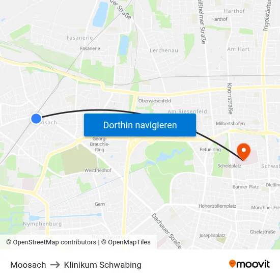 Moosach to Klinikum Schwabing map
