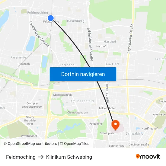 Feldmoching to Klinikum Schwabing map