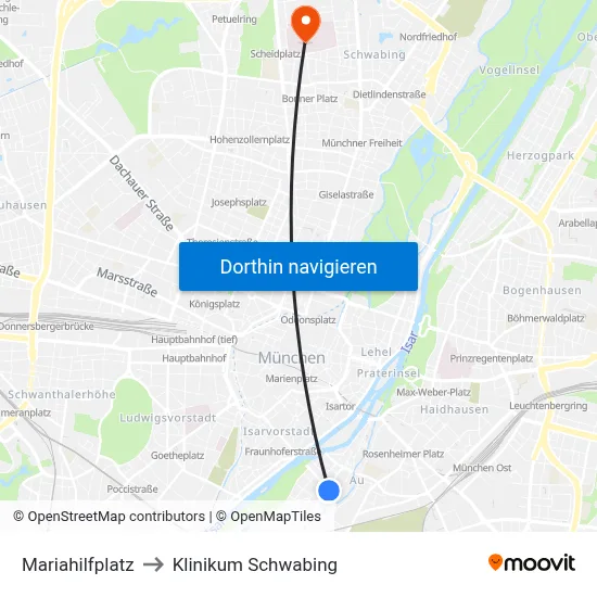 Mariahilfplatz to Klinikum Schwabing map