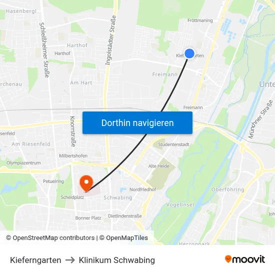Kieferngarten to Klinikum Schwabing map
