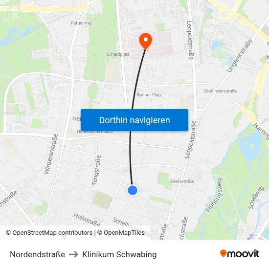 Nordendstraße to Klinikum Schwabing map