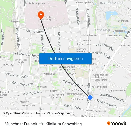 Münchner Freiheit to Klinikum Schwabing map