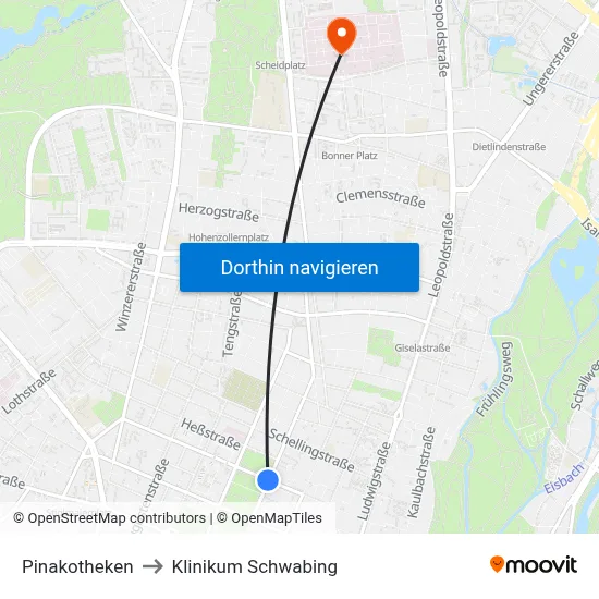 Pinakotheken to Klinikum Schwabing map