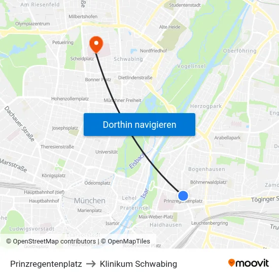 Prinzregentenplatz to Klinikum Schwabing map