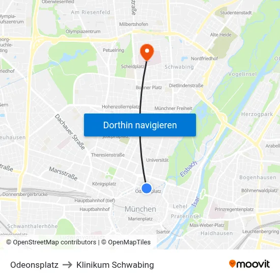 Odeonsplatz to Klinikum Schwabing map