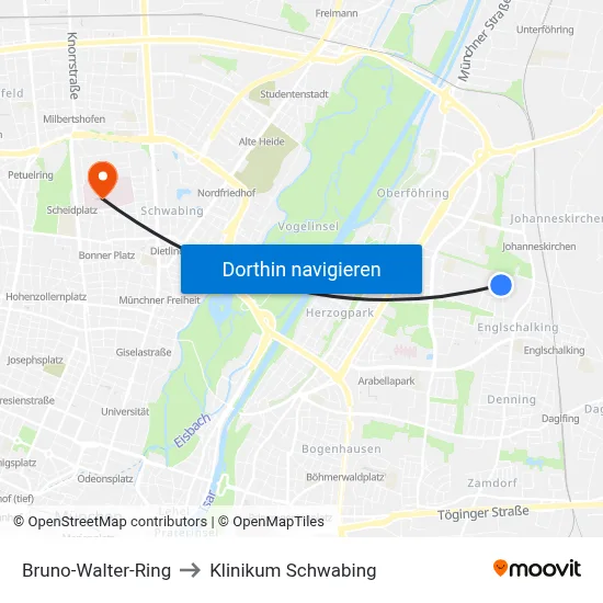 Bruno-Walter-Ring to Klinikum Schwabing map