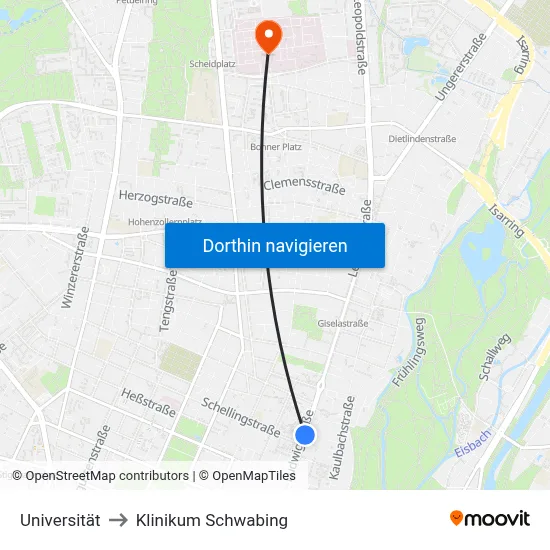 Universität to Klinikum Schwabing map