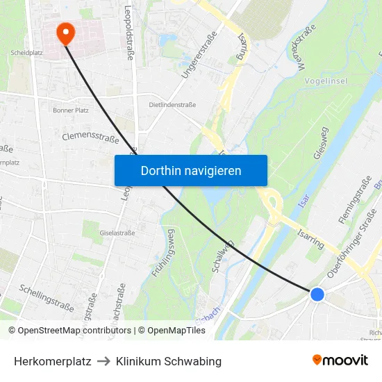 Herkomerplatz to Klinikum Schwabing map