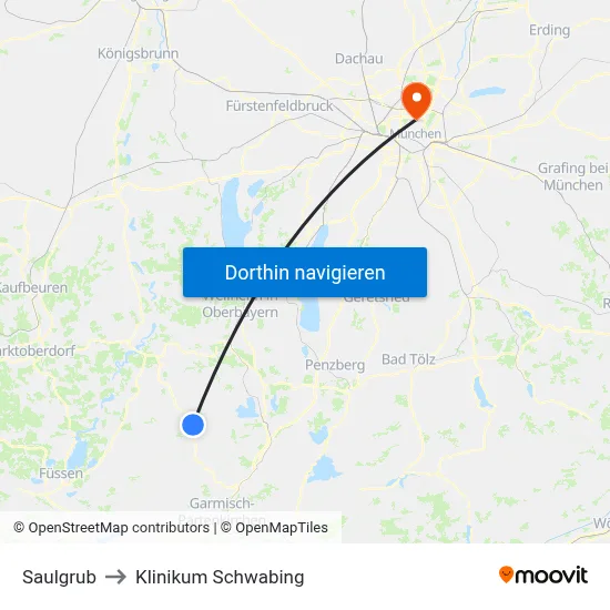 Saulgrub to Klinikum Schwabing map