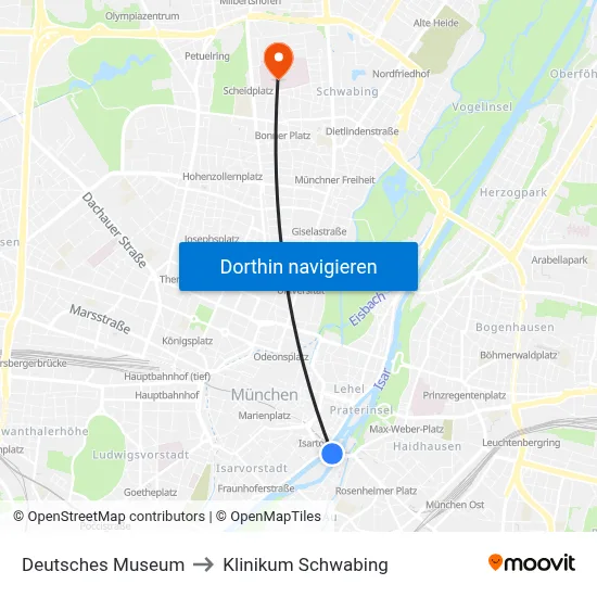 Deutsches Museum to Klinikum Schwabing map