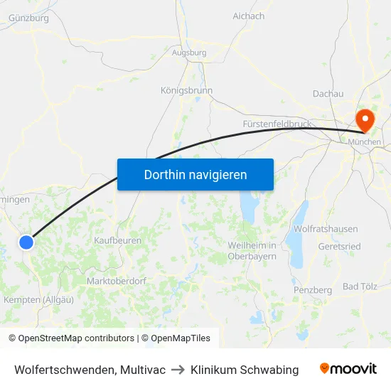 Wolfertschwenden, Multivac to Klinikum Schwabing map